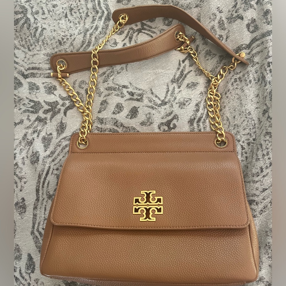 TORY BURCH Britten Flap Tan Leather Shoulder Bag Purse NEW